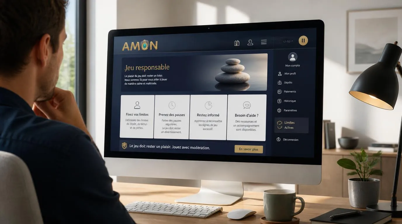 Interface de casino sobre présentant des repères de jeu responsable et des informations lisibles