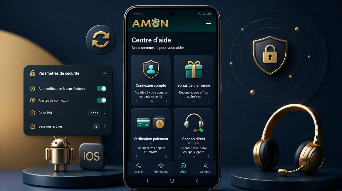 Téléphone affichant une aide mobile avec connexion, bonus, paiement et chat en direct