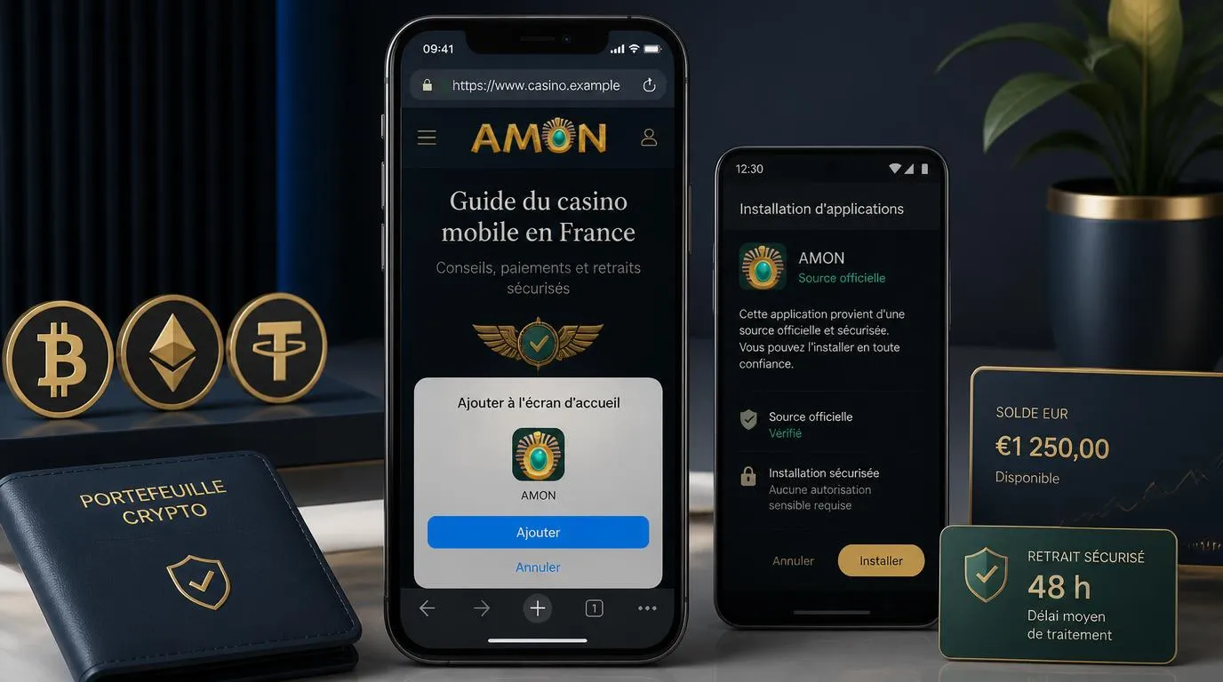 Écran de smartphone affichant un raccourci de casino ajouté à l’écran d’accueil et une option de paiement crypto
