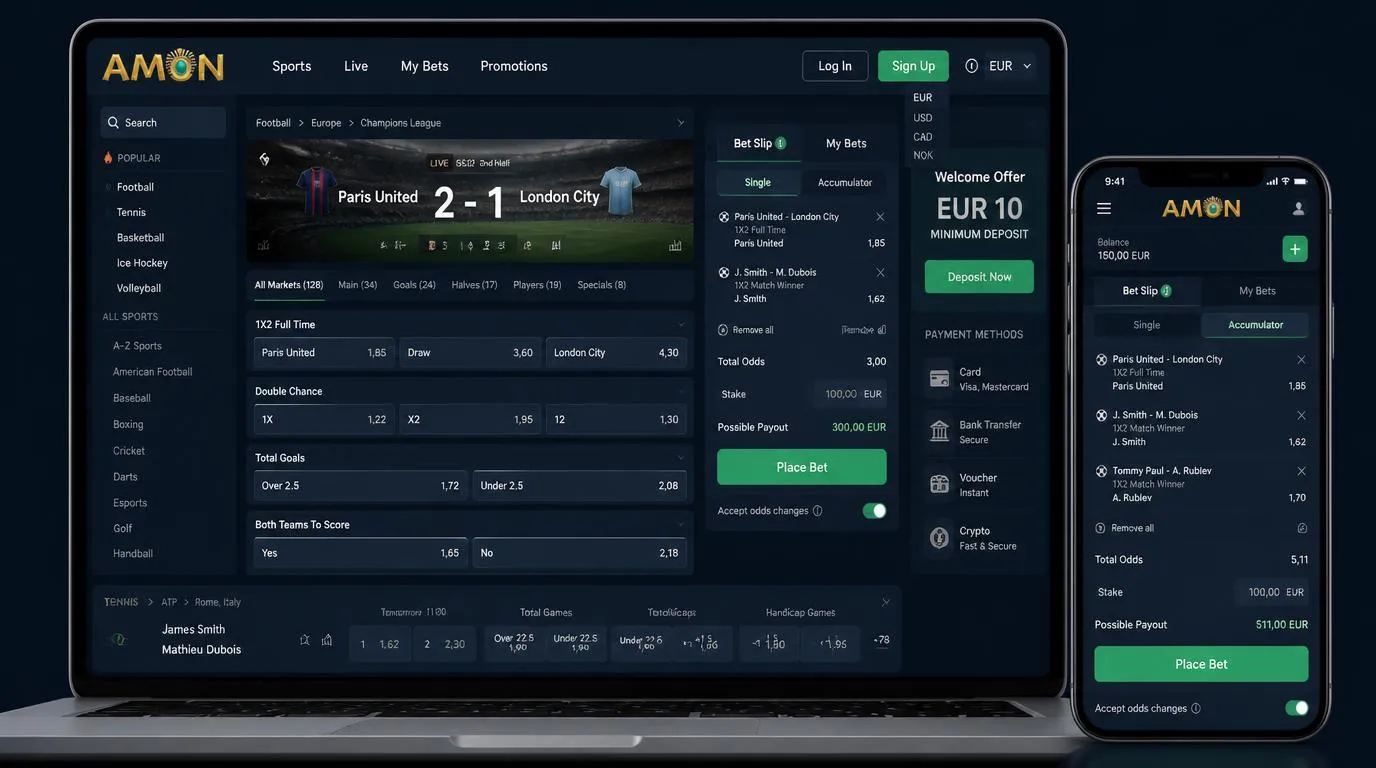 Interface de paris sportifs avec marchés en direct, cotes décimales et options de dépôt en euros
