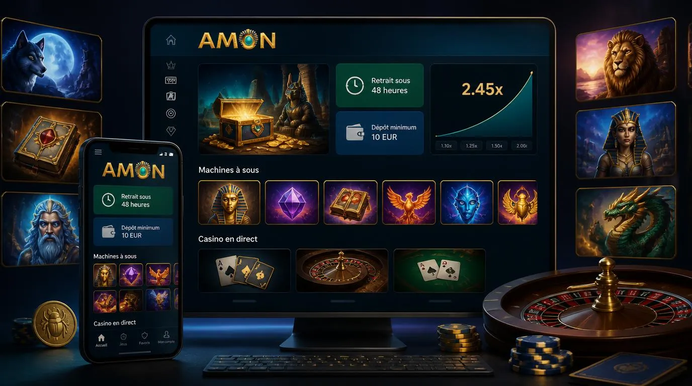 Interface de casino en ligne avec retrait sous 48 heures, dépôt de 10 EUR et sélection de jeux premium