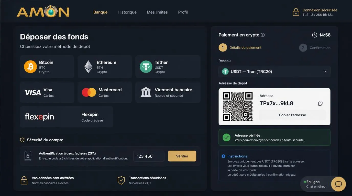 Interface de dépôt avec choix Bitcoin, Ethereum, carte bancaire et vérification d’adresse de portefeuille