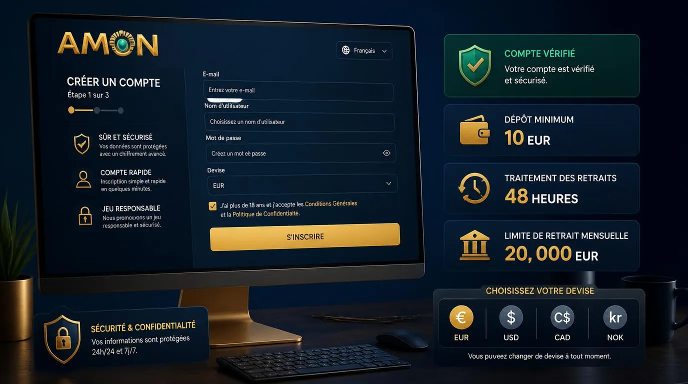 Interface d’inscription de casino avec compte vérifié, dépôt de 10 EUR et choix de devise