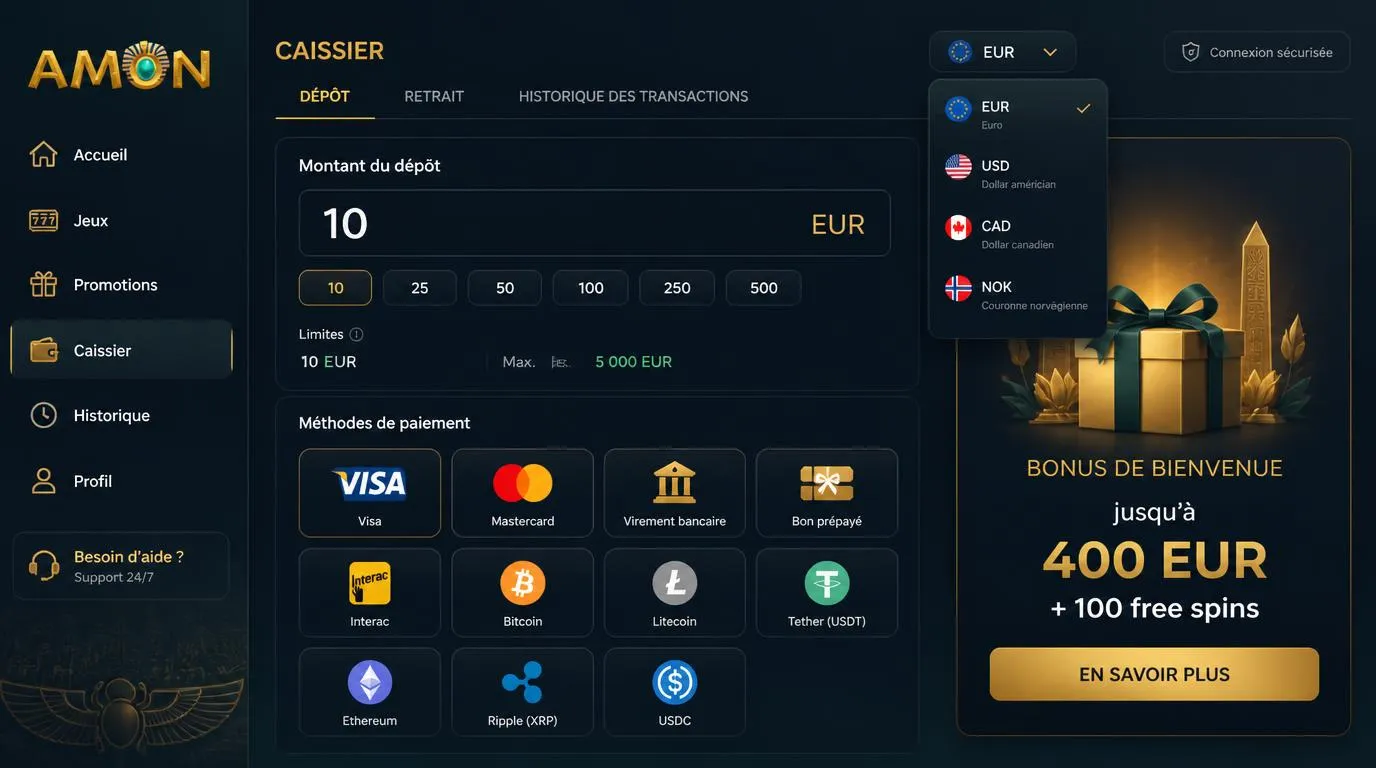 Interface de caisse de casino avec dépôt minimum de 10 EUR et moyens de paiement variés