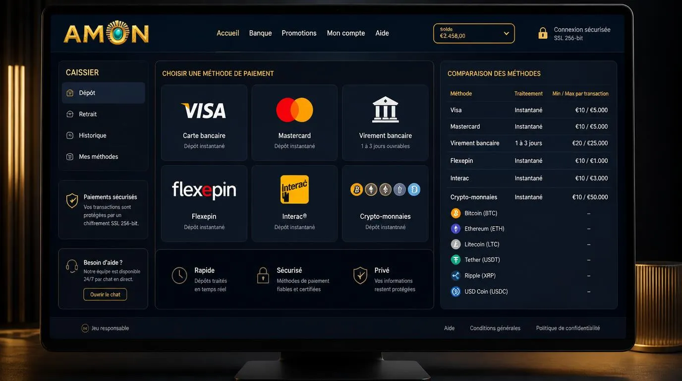 Interface de caisse de casino avec cartes, cryptomonnaies, virement bancaire et limites de paiement en euros