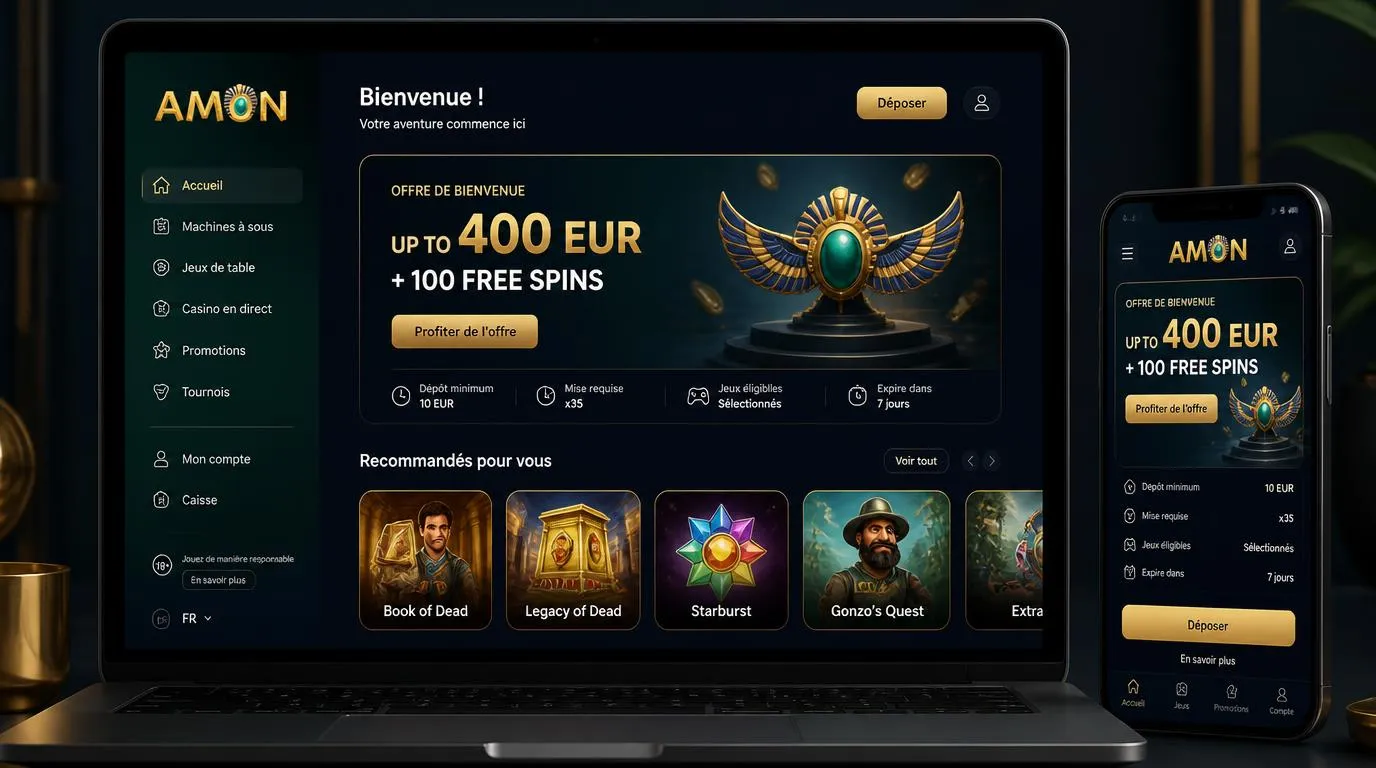 Interface de vérification d’âge avec pièce d’identité masquée, badge 18+ et réglages de limites de jeu
