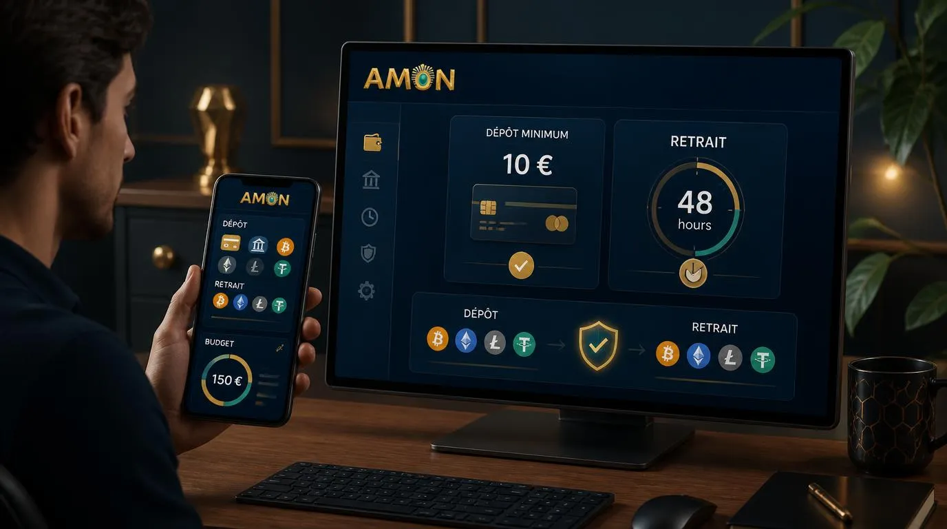 Interface de casino avec dépôt de 10 EUR, retrait sous 48 heures et paiements en cryptomonnaies