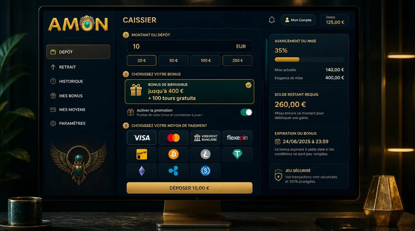 Écran de caisse de casino avec dépôt en euros et activation d’une offre de bienvenue