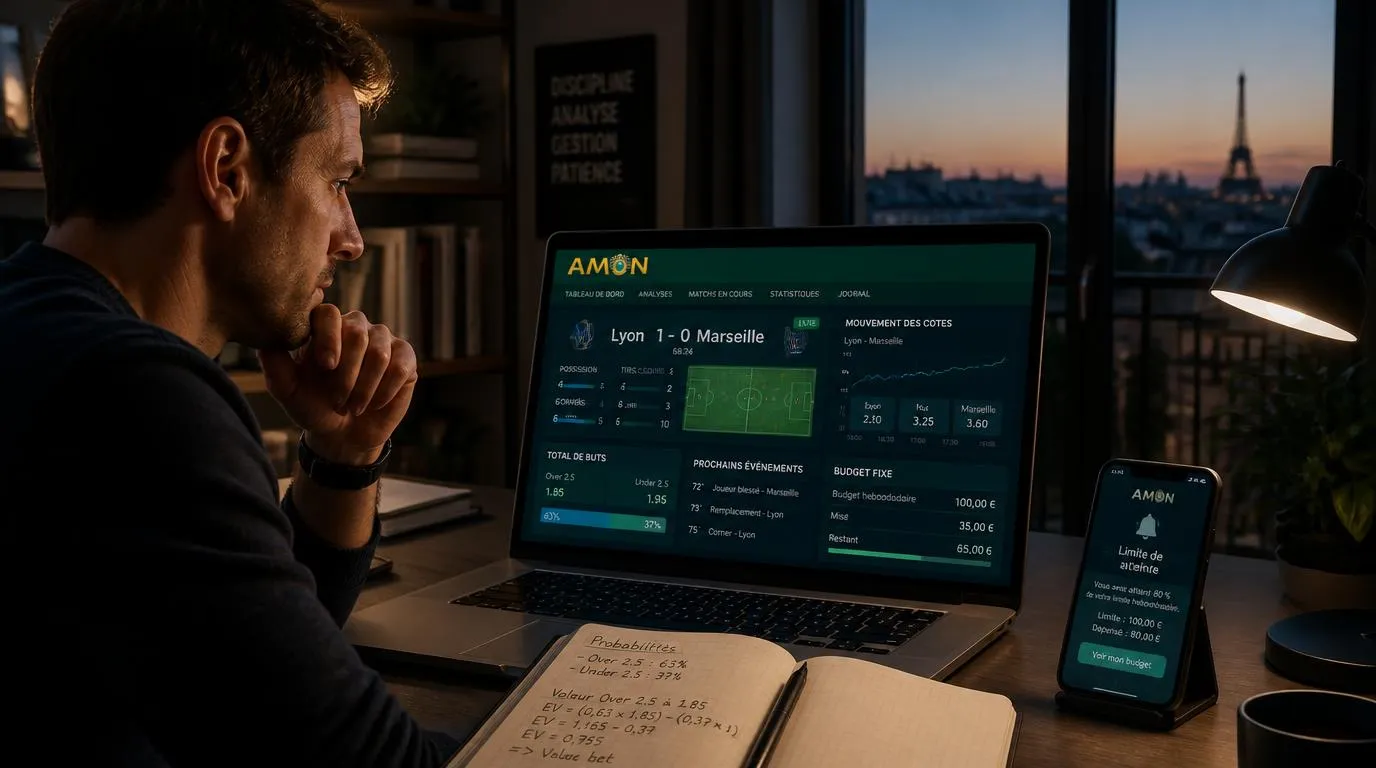 Parieur analysant des cotes sportives et des statistiques de match en direct sur un écran